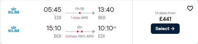 Cheap flights from Edinburgh, Scotland to Barbados for only £441 roundtrip with KLM. Flight deal ticket image.