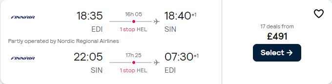 Cheap flights from Edinburgh, Scotland to Singapore for only £491 roundtrip with Finnair. Flight deal ticket image.