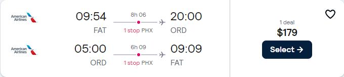 Non-stop flights from Fresno, California to Chicago for only $179 roundtrip with American Airlines. Also works in reverse. Flight deal ticket image.