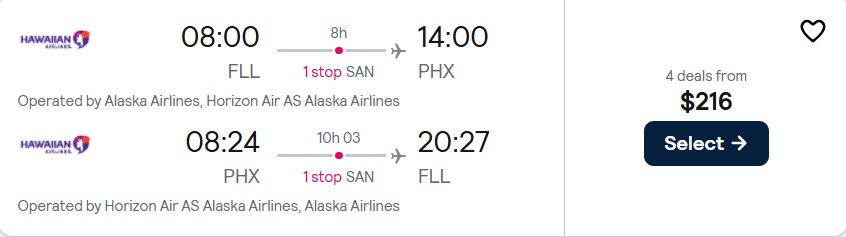 Click here to book this cheap flight deal. Cheap flights from Fort Lauderdale to Phoenix, Arizona for only $216 roundtrip with Alaska Airlines. Also works in reverse. Flight deal ticket image.