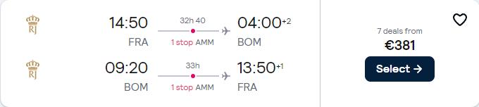 Cheap flights from Frankfurt, Germany to Mumbai, India for only €381 roundtrip. Flight deal ticket image.