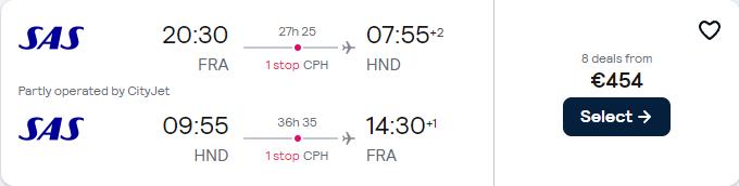 Cheap flights from Frankfurt, Germany to Tokyo, Japan for only €454 roundtrip with Scandinavian Airlines. Flight deal ticket image.