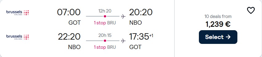 Click here to book this cheap flight deal. Business Class flights from Gothenburg or Stockholm, Sweden to Nairobi, Kenya from only €1239 roundtrip with Brussels Airlines. Flight deal ticket image.