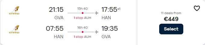 Cheap flights from Geneva, Switzerland to Hanoi, Vietnam for only €449 roundtrip with Etihad Airways. Flight deal ticket image.