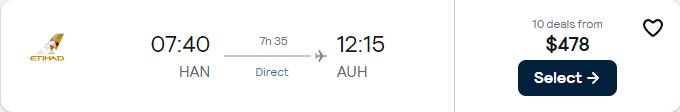 Business Class flights from Hanoi, Vietnam to Abu Dhabi, UAE for only $478 USD one-way with Etihad Airways. Flight deal ticket image.