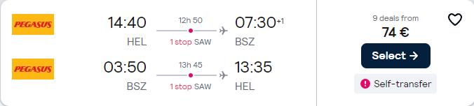 Cheap flights from Helsinki, Finland to for only €74 roundtrip. Flight deal ticket image.