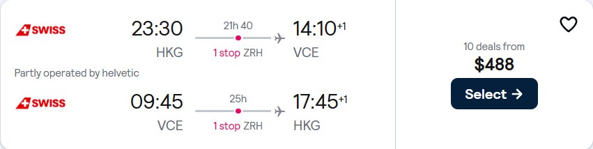 Cheap flights from Hong Kong to Venice, Italy for only $488 USD roundtrip with Swiss International Air Lines. Flight deal ticket image.