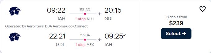 Cheap flights from Houston, Texas to Guadalajara, Mexico for only $239 roundtrip with Aeromexico. Flight deal ticket image.