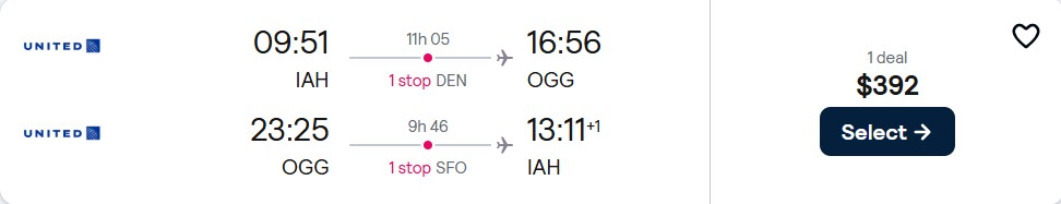 Cheap flights from Houston, Texas to Kahului, Hawaii for only $392 roundtrip with United Airlines. Also works in reverse. Flight deal ticket image.