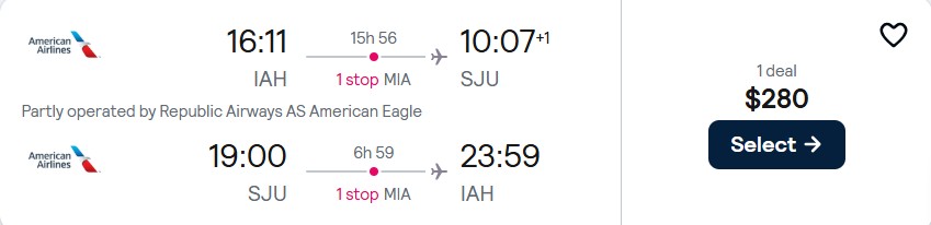 Cheap flights from Houston, Texas to San Juan, Puerto Rico for only $280 roundtrip with American Airlines. Flight deal ticket image.