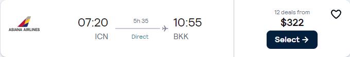 Business Class flights from Seoul, South Korea to Bangkok, Thailand for only $322 USD one-way with Asiana Airlines. Flight deal ticket image.