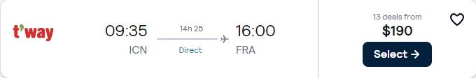 Click here to book this cheap flight deal. Non-stop flights from Seoul, South Korea to Frankfurt, Germany or Zagreb, Croatia for only $191 USD one-way. Flight deal ticket image.