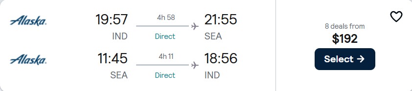 Non-stop flights from Indianapolis to Seattle for only $192 roundtrip with Alaska Airlines. Also works in reverse. Flight deal ticket image.