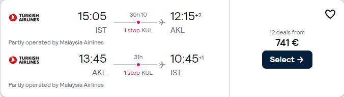 Cheap flights from Istanbul, Turkey to Auckland, New Zealand for only €741 roundtrip with Turkish Airlines and Malaysia Airlines. Flight deal ticket image.