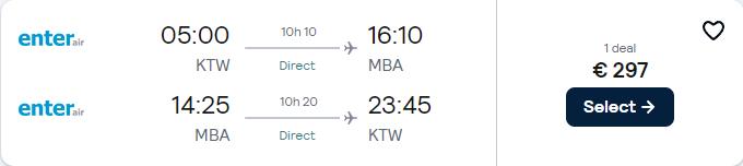 Non-stop, last minute flights from Katowice, Poland to Mombasa, Kenya for only €297 roundtrip. Flight deal ticket image.