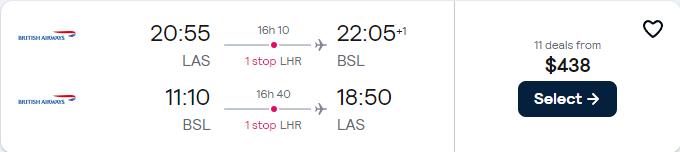 Click here to book this cheap flight deal. Cheap flights from Las Vegas to Basel or Zurich, Switzerland from only $438 roundtrip with British Airways. Flight deal ticket image.