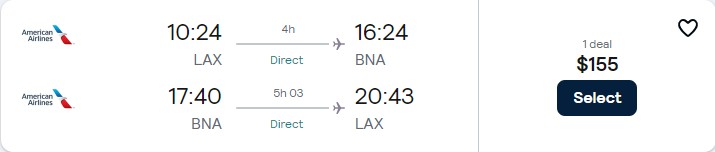 Non-stop flights from Los Angeles to Nashville for only $155 roundtrip with American Airlines. Also works in reverse. Flight deal ticket image.