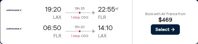 Cheap flights from Los Angeles to Florence, Italy for only $469 roundtrip with Delta Air Lines and Air France. Flight deal ticket image.