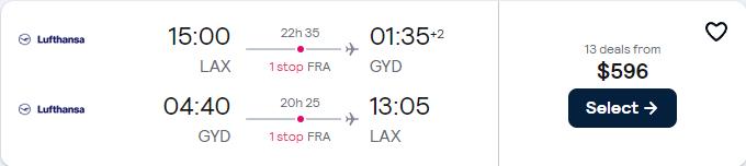 Cheap flights from Los Angeles to Baku, Azerbaijan for only $596 roundtrip with Lufthansa. Flight deal ticket image.