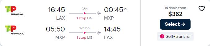 Cheap flights from Western USA to Italian cities from only $362 roundtrip with TAP Air Portugal. Flight deal ticket image.