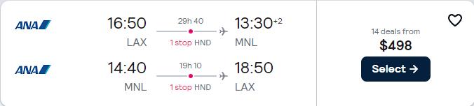 Click here to book this cheap flight deal. Cheap flights from US cities to Manila, Philippines from only $498 roundtrip with All Nippon Airways. Flight deal ticket image.