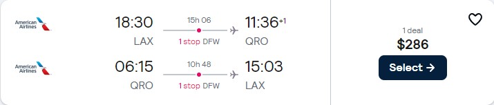 Cheap flights from Los Angeles to Queretaro, Mexico for only $286 roundtrip with American Airlines. Flight deal ticket image.