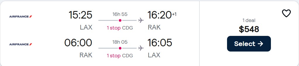 Cheap flights from Los Angeles or Portland to Marrakesh, Morocco for only $548 roundtrip with Air France. Flight deal ticket image.