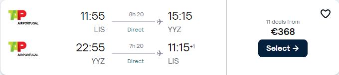 Non-stop flights from Lisbon, Portugal to Toronto or Montreal, Canada from only €368 roundtrip with TAP Air Portugal. Flight deal ticket image.