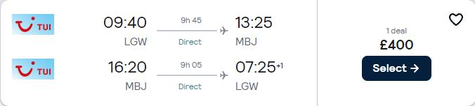 Non-stop flights from London or Manchester, UK to Montego Bay, Jamaica for only £400 roundtrip. Flight deal ticket image.