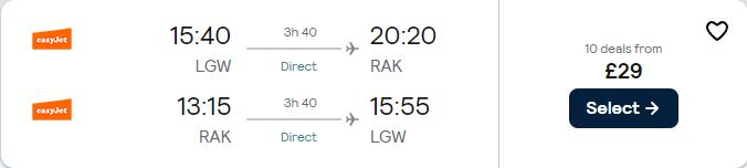 Non-stop flights from London, UK to Marrakesh, Morocco for only £29 roundtrip. Flight deal ticket image.