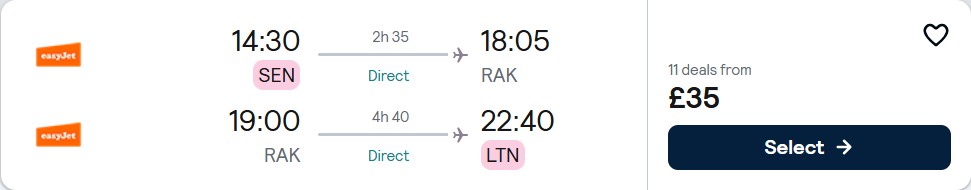 Non-stop flights from London, UK to Marrakesh, Morocco for only £35 roundtrip. Flight deal ticket image.