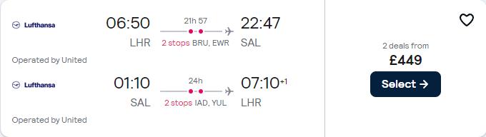 Click here to book this cheap flight deal. Cheap flights from London, UK to San Salvador, El Salvador for only £449 roundtrip with United Airlines. Flight deal ticket image.