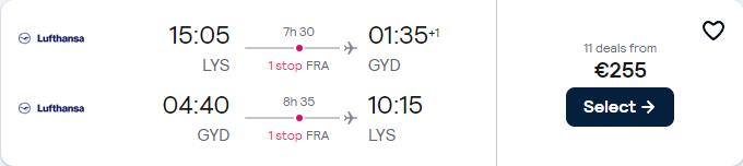Cheap flights from Lyon, France to Baku, Azerbaijan for only €255 roundtrip with Lufthansa. Flight deal ticket image.