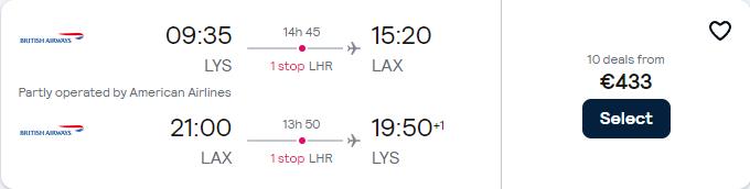Cheap flights from Lyon, France to Los Angeles, USA for only €433 roundtrip with British Airways and American Airlines. Flight deal ticket image.