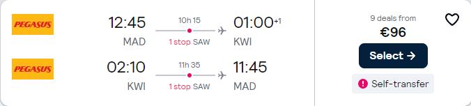 Cheap flights from Madrid, Spain to Kuwait City, Kuwait for only €96 roundtrip. Flight deal ticket image.