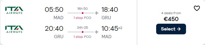 Cheap flights from Madrid or Barcelona, Spain to Sao Paulo, Brazil from only €450 roundtrip. Flight deal ticket image.