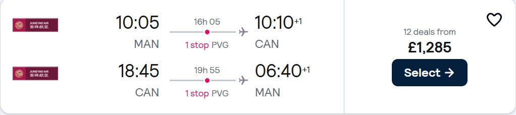 Business Class flights from Manchester, UK to Guangzhou or Shenzhen, China from only £1285 roundtrip. Flight deal ticket image.
