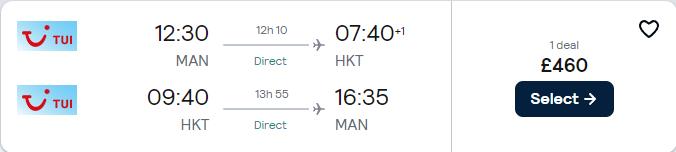 Click here to book this cheap flight deal. Non-stop flights from Manchester or London, UK to Phuket, Thailand from only £460 roundtrip. Flight deal ticket image.