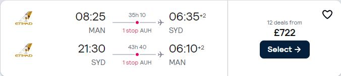 Click here to book this cheap flight deal. Cheap flights from Manchester, UK to Sydney, Australia for only £722 roundtrip with Etihad Airways. Flight deal ticket image.