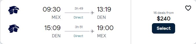 Click here to book this cheap flight deal. Non-stop flights from Mexico City, Mexico to Denver, Colorado for only $240 USD roundtrip with Aeromexico. Flight deal ticket image.