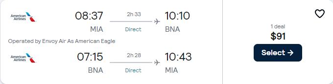 Non-stop flights from Miami to Nashville for only $91 roundtrip with American Airlines. Also works in reverse. Flight deal ticket image.