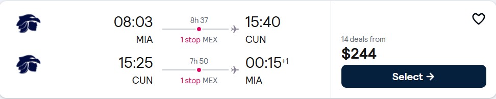 Non-stop flights from Miami to Cancun, Mexico for only $244 roundtrip with Aeromexico. Flight deal ticket image.