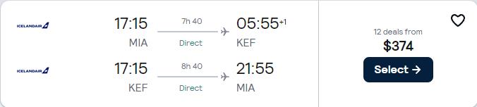 Non-stop flights from Miami to Reykjavik, Iceland for only $374 roundtrip. Flight deal ticket image.