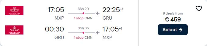 Cheap flights from Milan, Italy to Sao Paulo, Brazil for only €459 roundtrip with Royal Air Maroc. Flight deal ticket image.