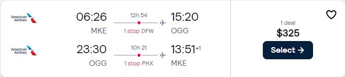 Cheap flights from Milwaukee to Kahului, Hawaii for only $325 roundtrip with American Airlines. Also works in reverse. Flight deal ticket image.