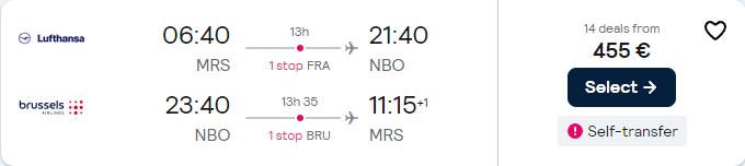 Cheap flights from French cities to Nairobi, Kenya from only €455 roundtrip with Lufthansa and Brussels Airlines. Flight deal ticket image.