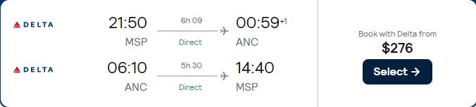 Non-stop flights from Minneapolis to Anchorage, Alaska for only $276 roundtrip with Delta Air Lines. Also works in reverse. Flight deal ticket image.