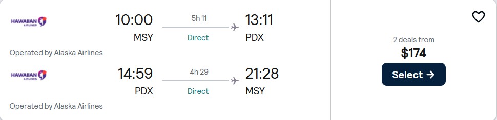 Non-stop flights from New Orleans to Portland, Oregon for only $174 roundtrip with Alaska Airlines. Also works in reverse. Flight deal ticket image.