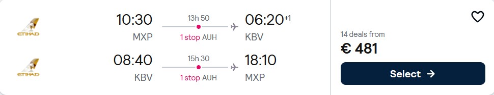 Click here to book this cheap flight deal. Cheap flights from Milan, Italy to Krabi, Thailand for only €481 roundtrip with Etihad Airways. Flight deal ticket image.