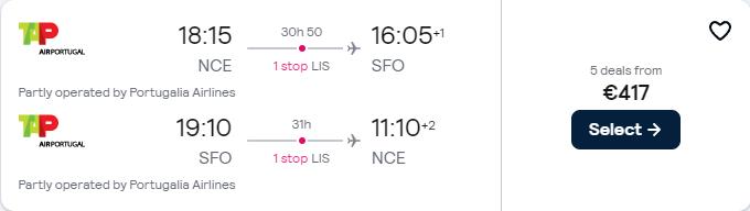 Click here to book this cheap flight deal. Cheap flights from Nice, France to San Francisco, USA for only €417 roundtrip with TAP Air Portugal. Flight deal ticket image.